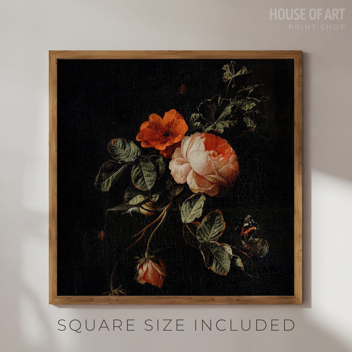 Dark Gothic Floral Red Poppy Pale Rose Black Background Oil Poster - Image 3