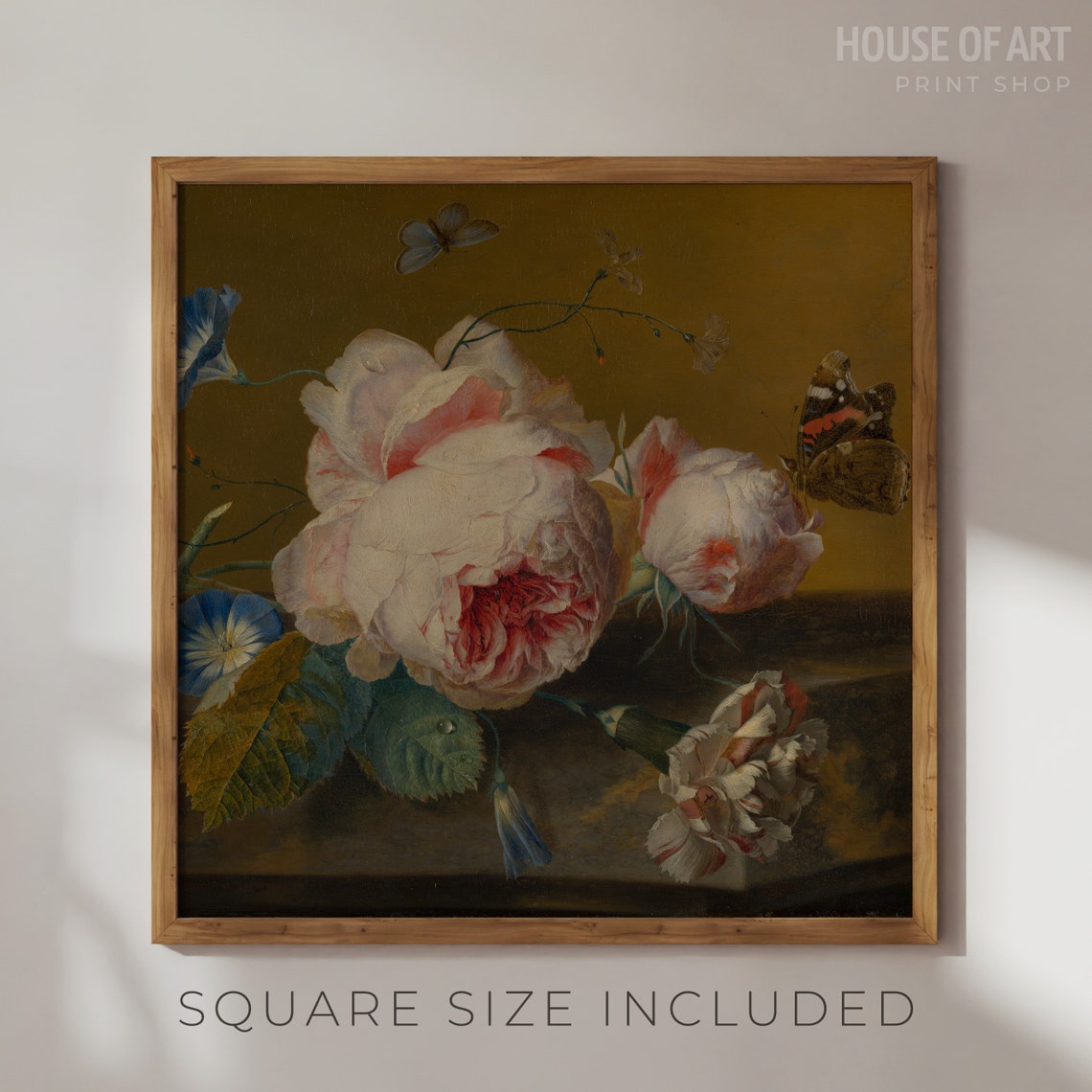 Pink Roses Butterflies Dutch Floral Oil Painting Still Life Poster - Image 2