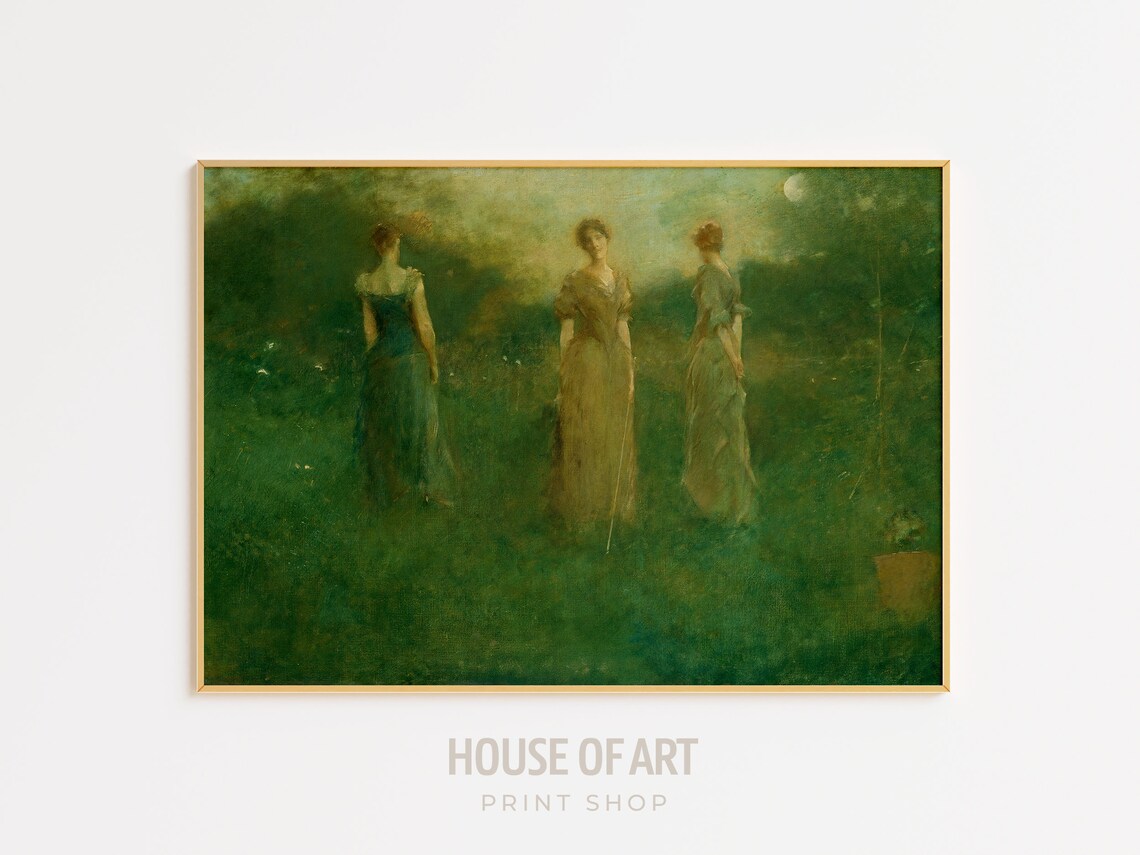 Three Women In Moonlit Green Field Tonalist Vintage Oil Painting Print
