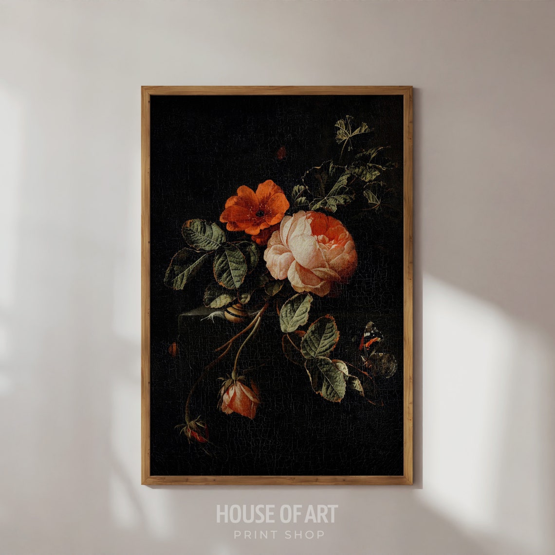Dark Gothic Floral Red Poppy Pale Rose Black Background Oil Poster