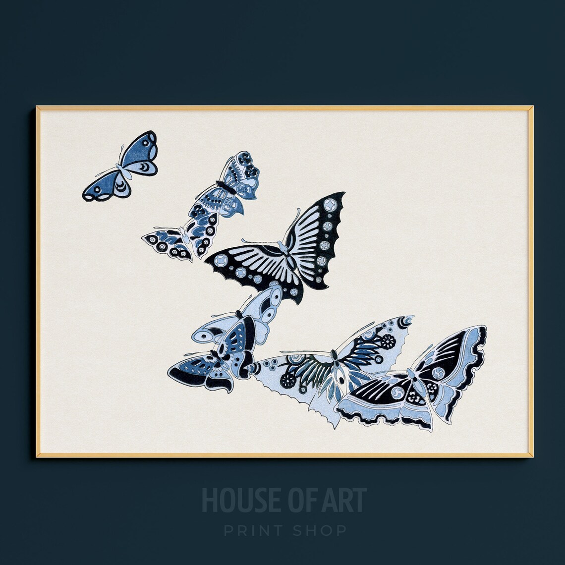 Blue Black Butterflies Flight Japanese Woodcut Insect Art Poster - Image 3