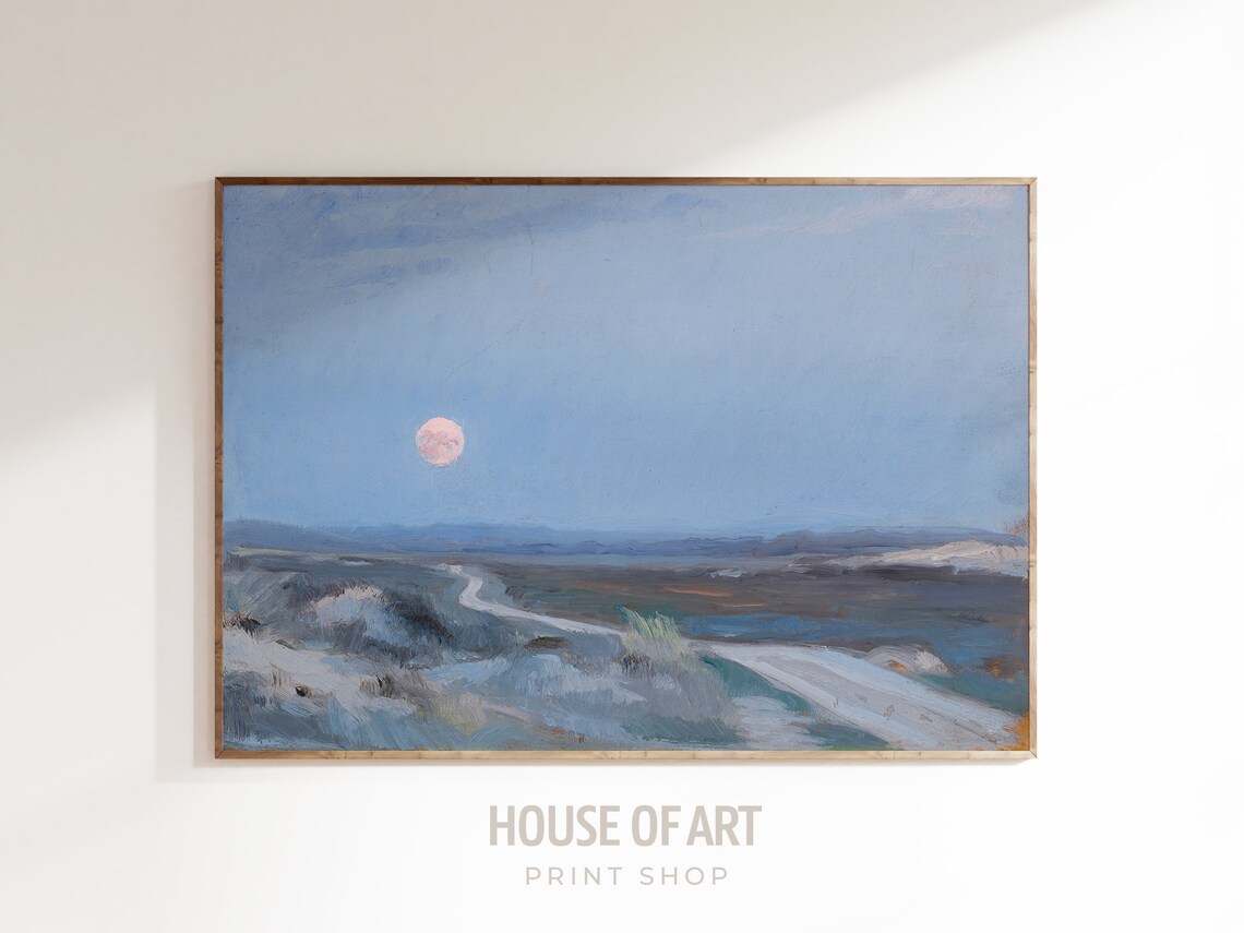 Vintage Full Moon Landscape Art Print, Moody Night