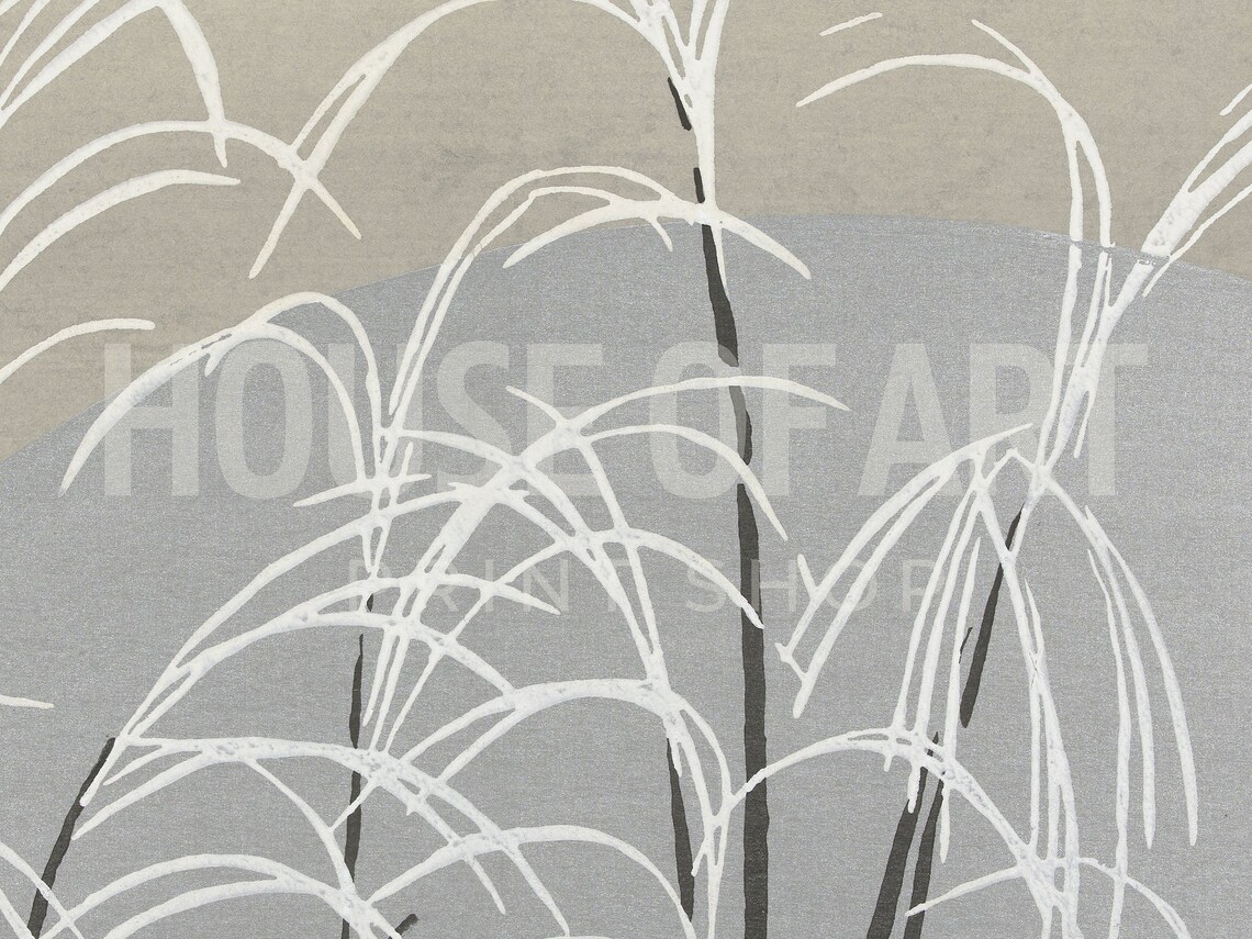 Japanese Moonlit Snowy Grasses Vintage Woodcut Minimal Wall Art Print - Image 2