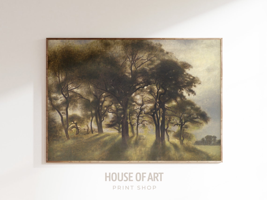 Golden Hour Forest Backlit Tall Trees Sunbeams Vintage Oil Poster
