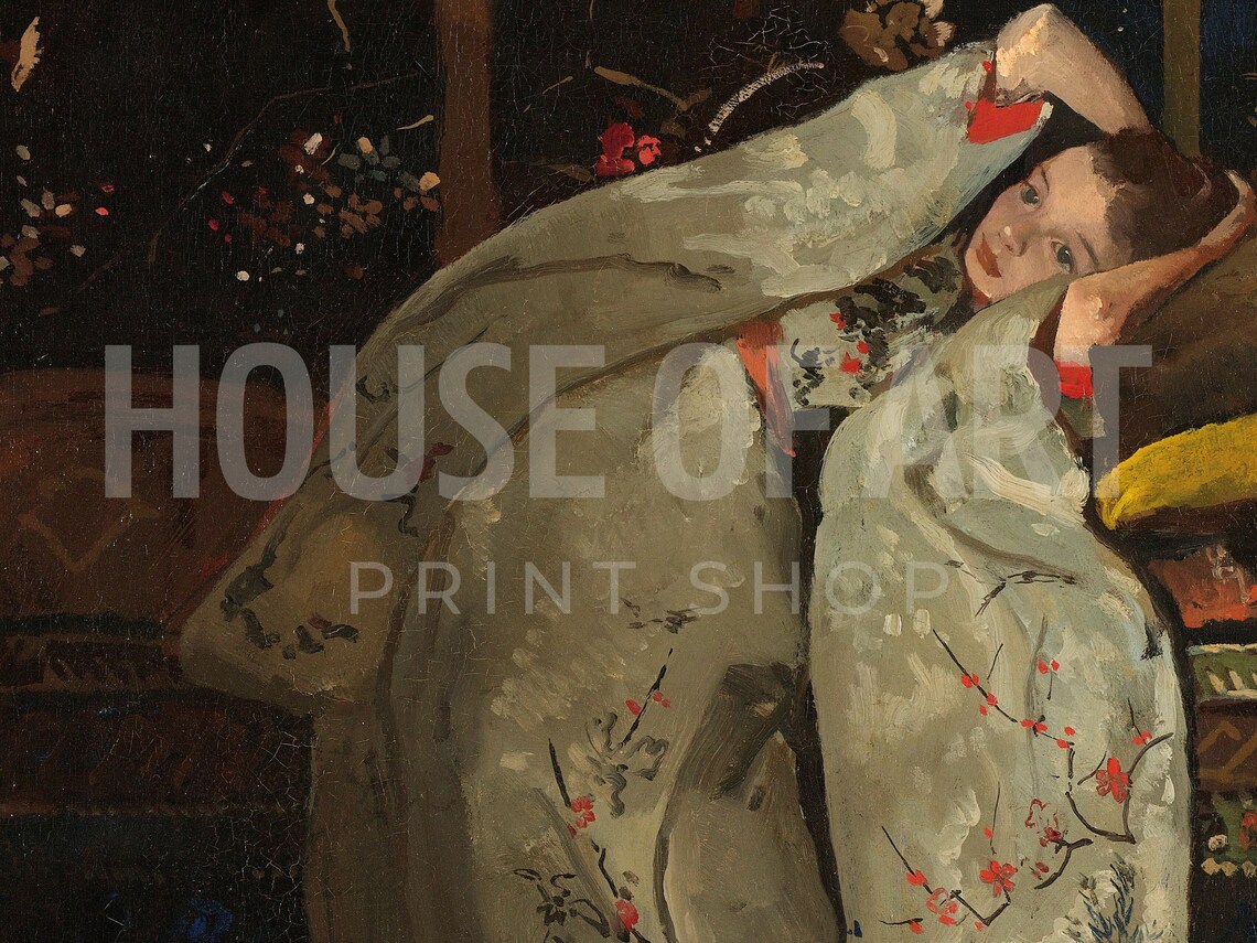 Vintage Girl In Kimono Oil Painting Reclining Woman Dreamy Art Poster - Image 2