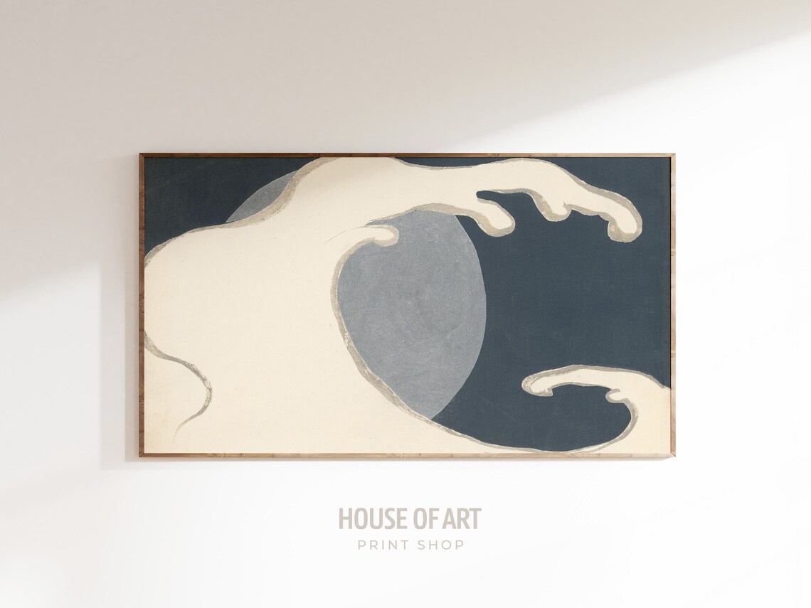 Japanese Great Wave Crashing Ocean Minimalist Blue Woodblock Seascape Poster - Image 3