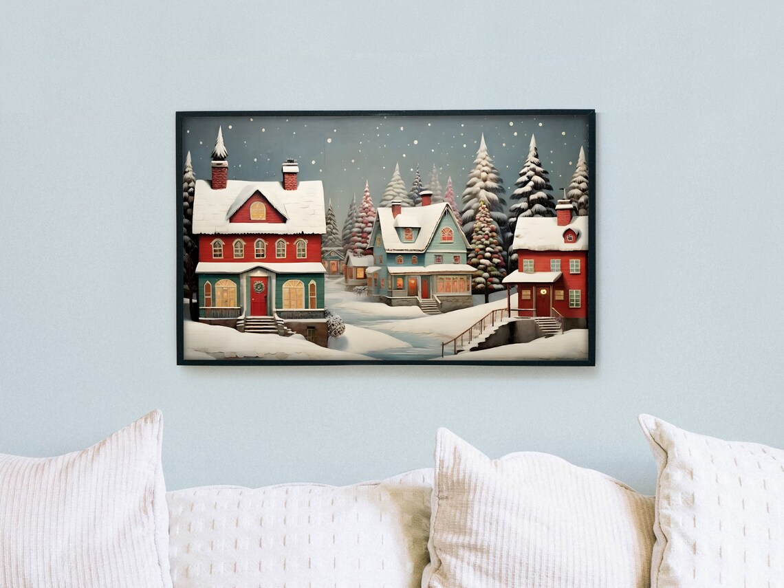 Folk Art Snowy Christmas Village Red Houses Winter Trees Poster - Image 2