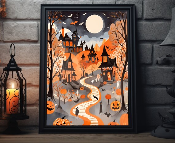 Spooky Halloween Town Glowing Winding Path Bats Full Moon Poster