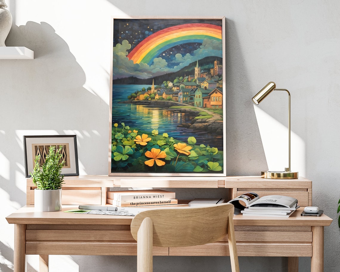 Irish Night Harbor Rainbow Starry Sky Shamrock Folk Art Poster Print - Image 4