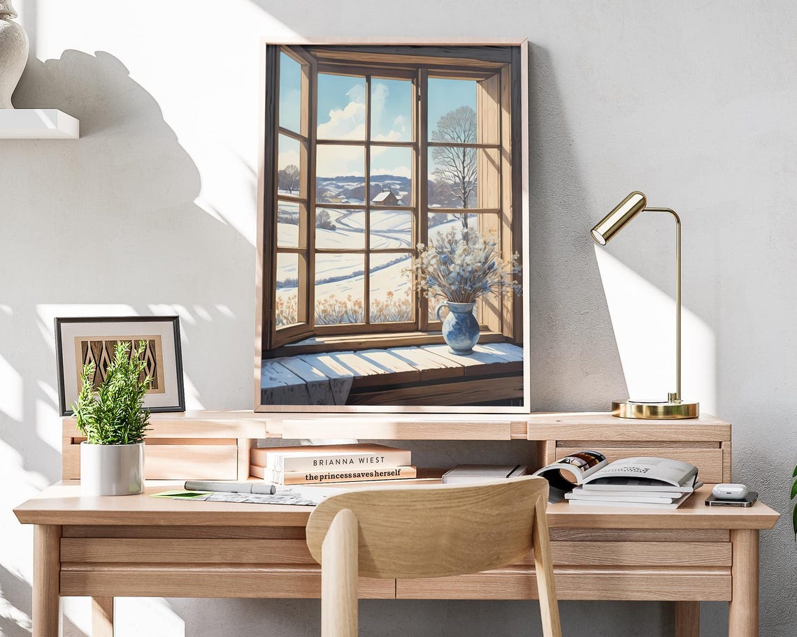 Snowy Countryside View Through Rustic Window Winter Art Poster - Image 4