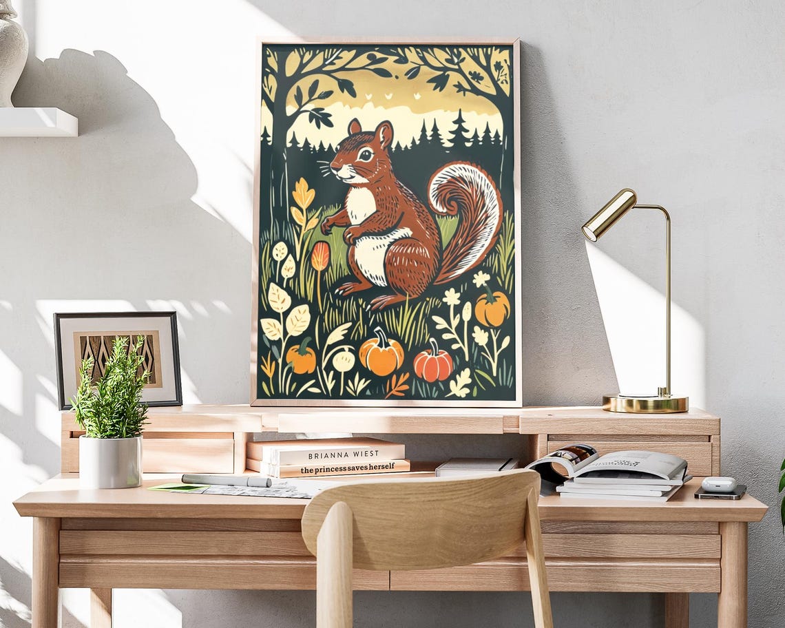 Red Squirrel Autumn Pumpkins Harvest Woodcut Fall Folk Art Poster - Image 4
