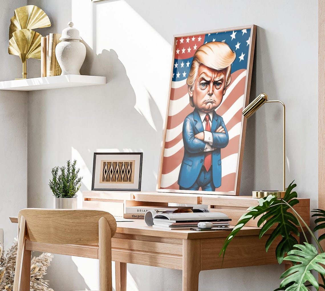 Donald Trump Caricature Stern Pose Waving American Flag Poster Art - Image 3