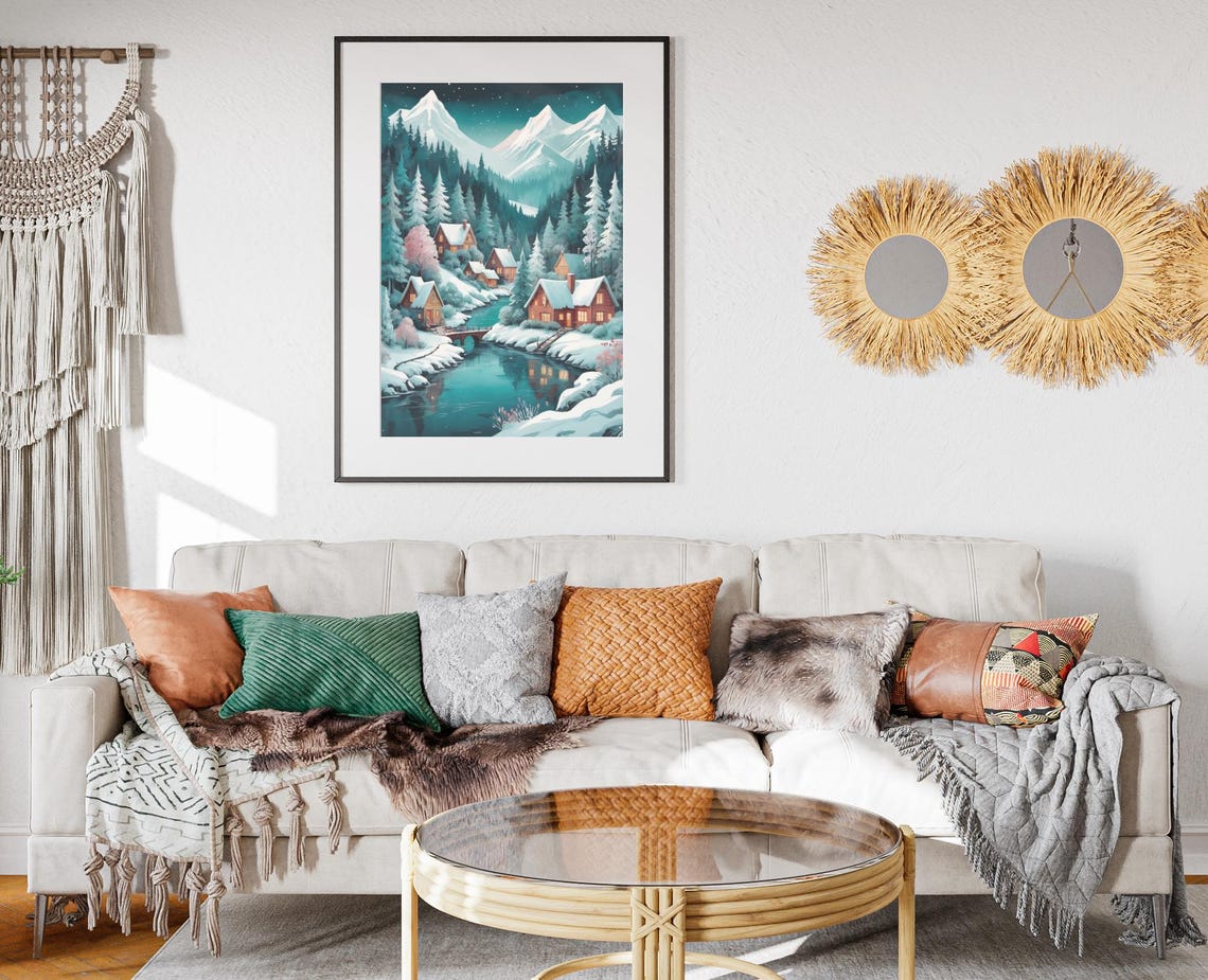 Starry Night Mountain Village With Cabins And River Reflection Poster - Image 2