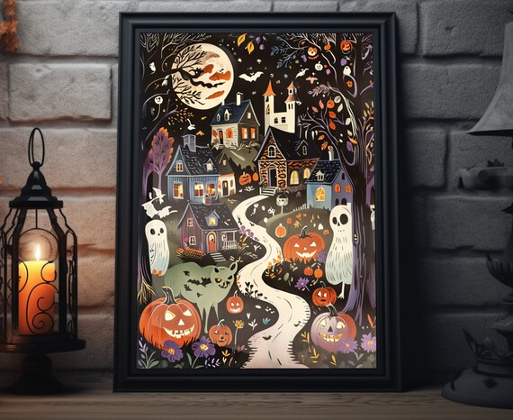Vintage Halloween Town Ghosts Jack O Lanterns Spooky Night Poster