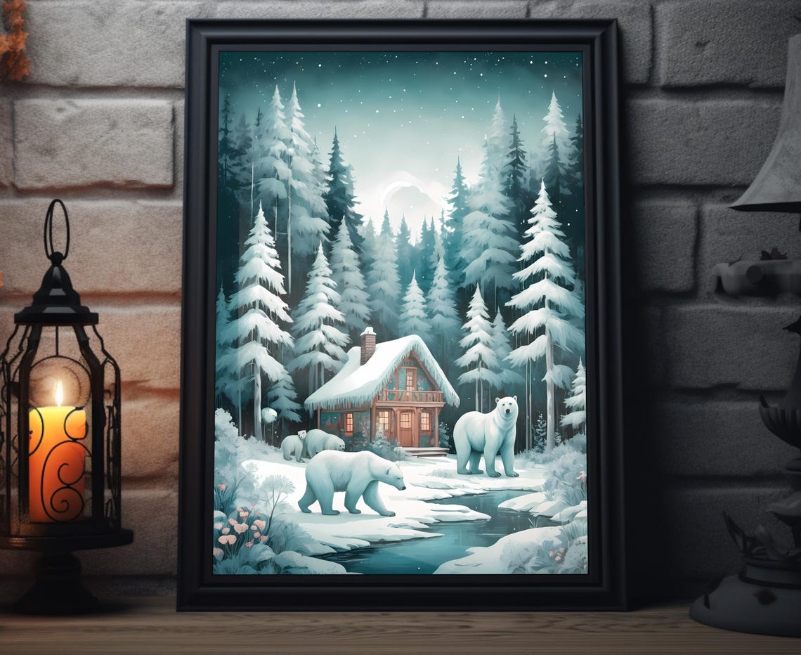 Polar Bear Family In Snowy Winter Forest Cabin Night Art Poster