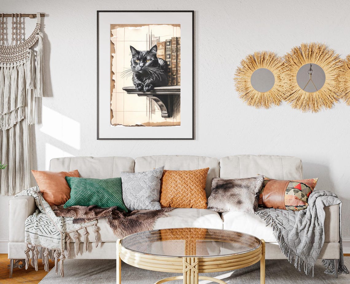 Black Cat Resting On Library Shelf Vintage Sketch Art Poster - Image 2
