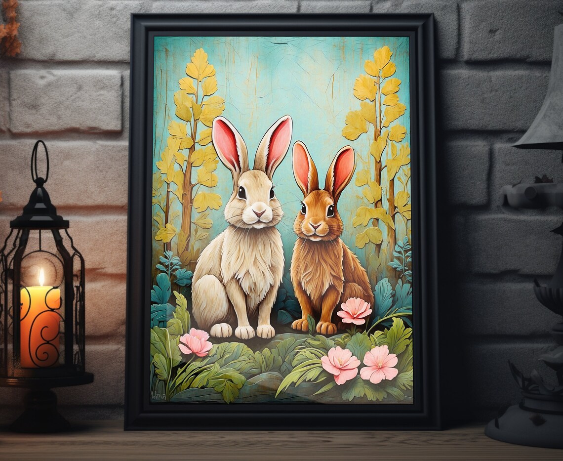 Spring Rabbits Folk Art, Rustic Spring Decor
