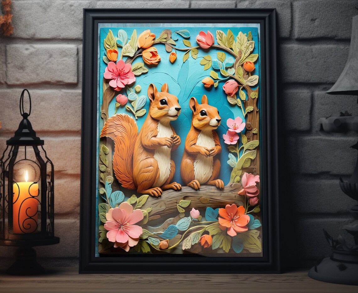 Easter Squirrels Folk Art, Rustic Spring Painting