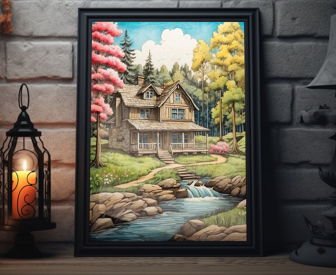 Spring Home Sketched Cabin Stream Waterfall Blossom Trees Poster