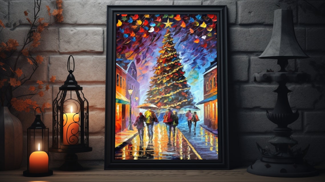Christmas Tree Snowy Street Night Impressionist Holiday Art Poster