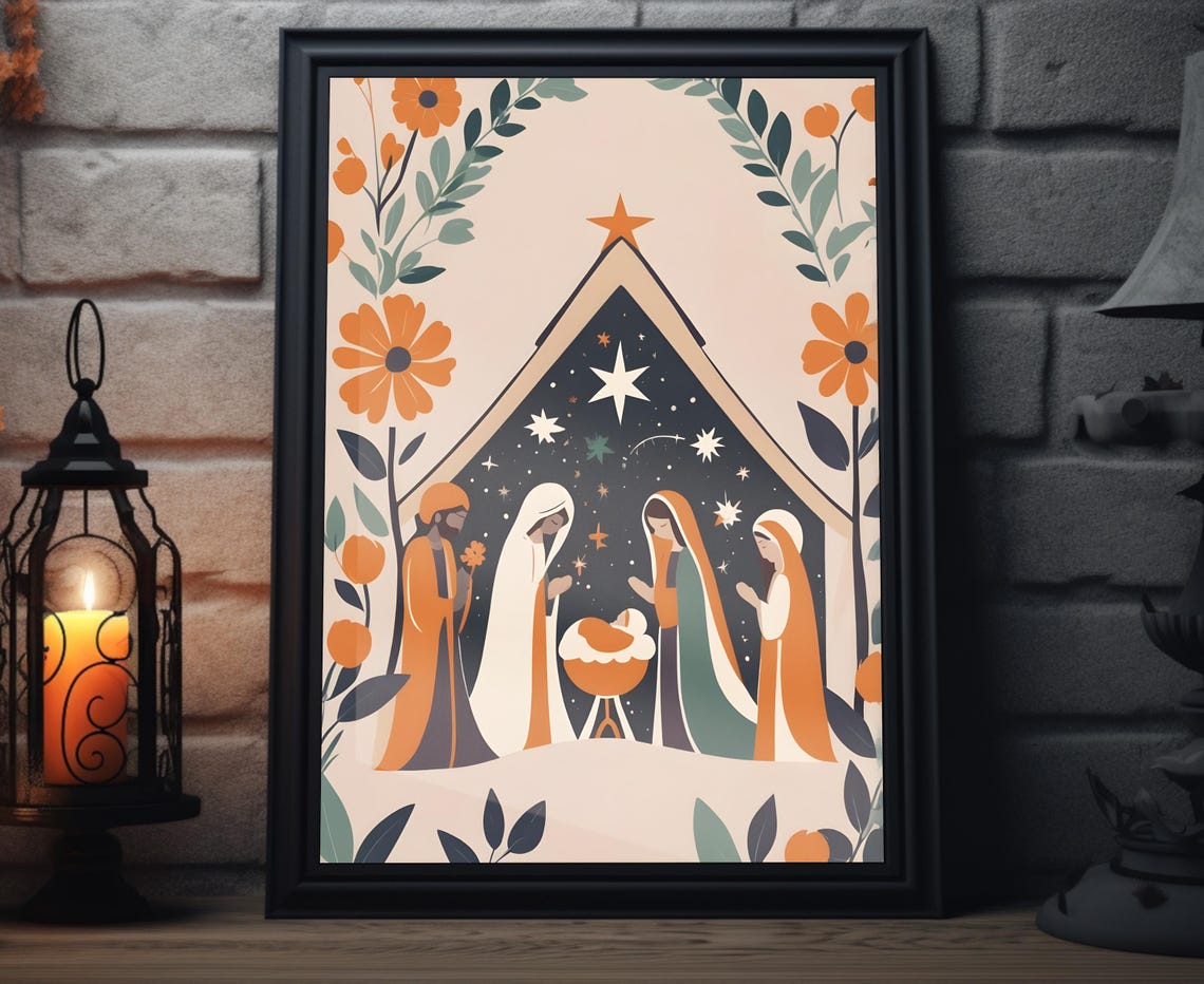 Christmas Nativity Scene Boho Floral Baby Jesus Bright Star Poster