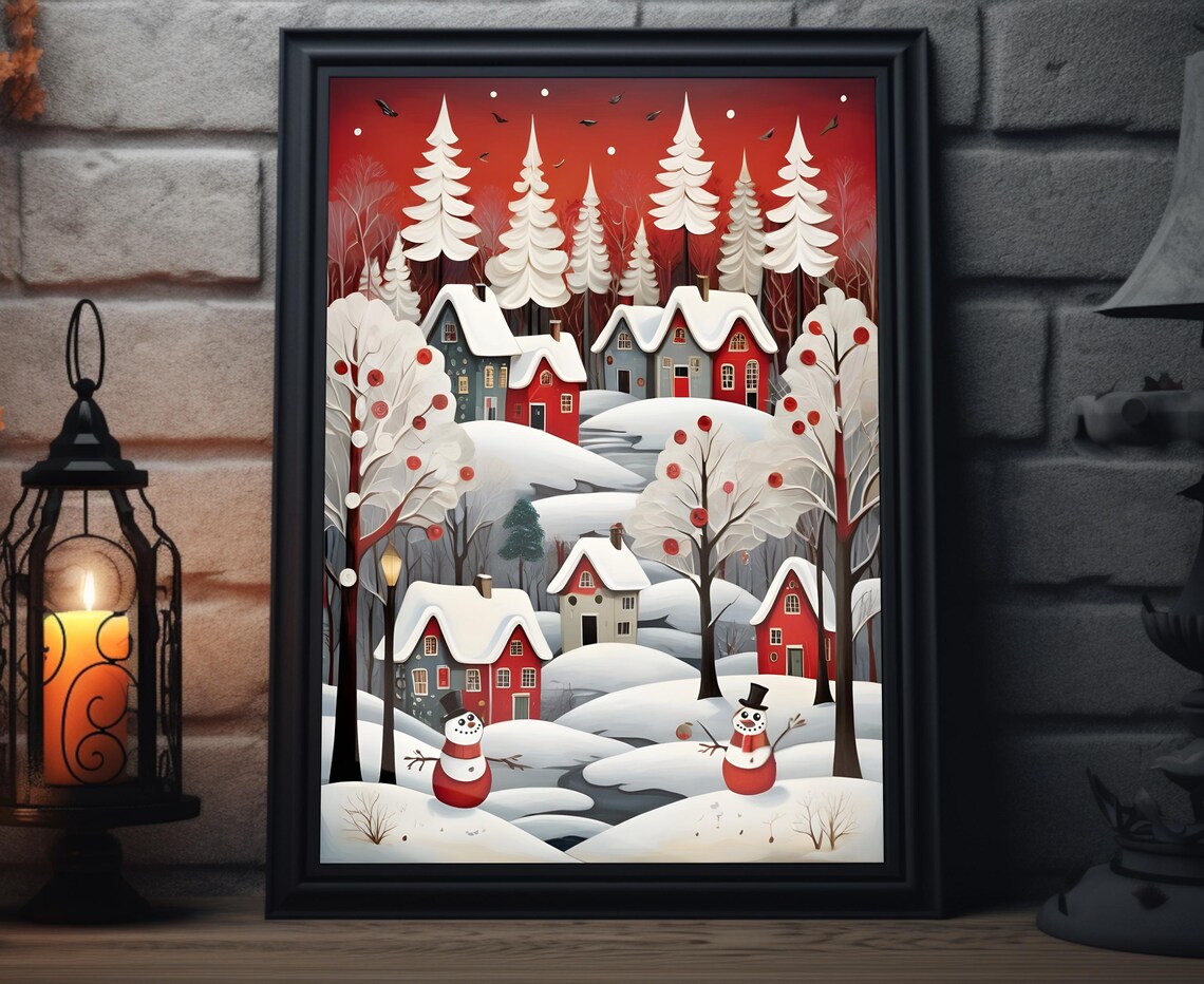 Cozy Snowy Village Under Red Winter Sky Snowmen Folk Art Poster