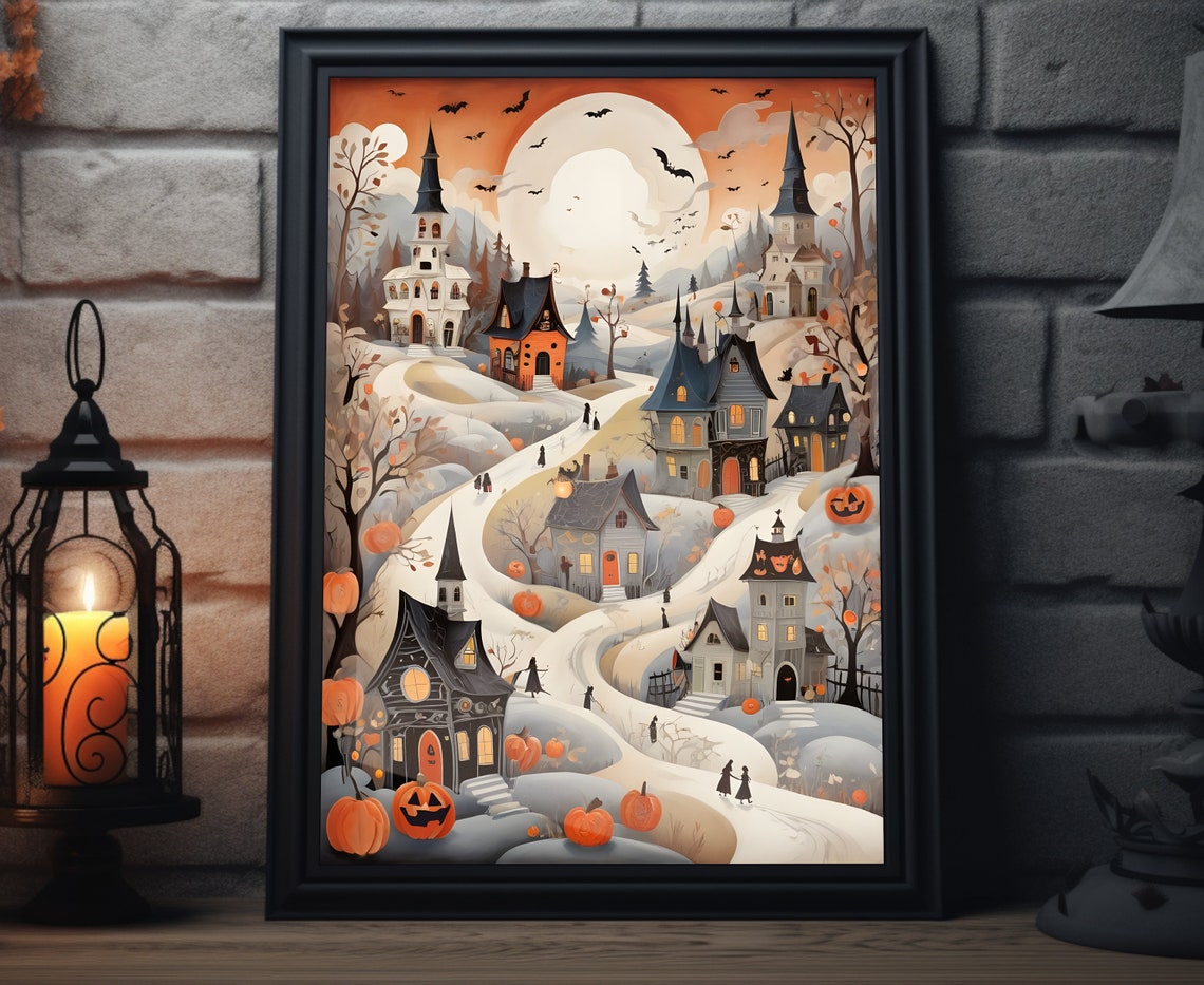 Spooky Halloween Village Crooked Houses Full Moon Bats Poster