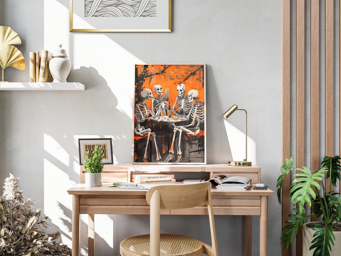 Skeletons In Bar Halloween Wall Art Halloween Bar Cart Art Cute Fall Art Prints Alcohol Decorations - Image 4