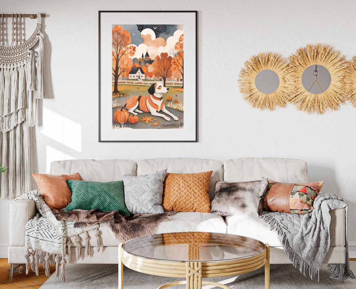 White Dog Orange Bandana Pumpkins Night Village Folk Art Poster - Image 2