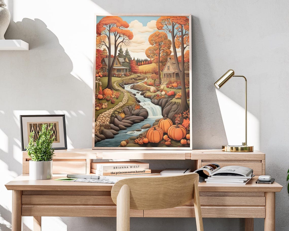 Autumn Valley Farmhouses Stream Stone Path Pumpkin Folk Art Poster - Image 4
