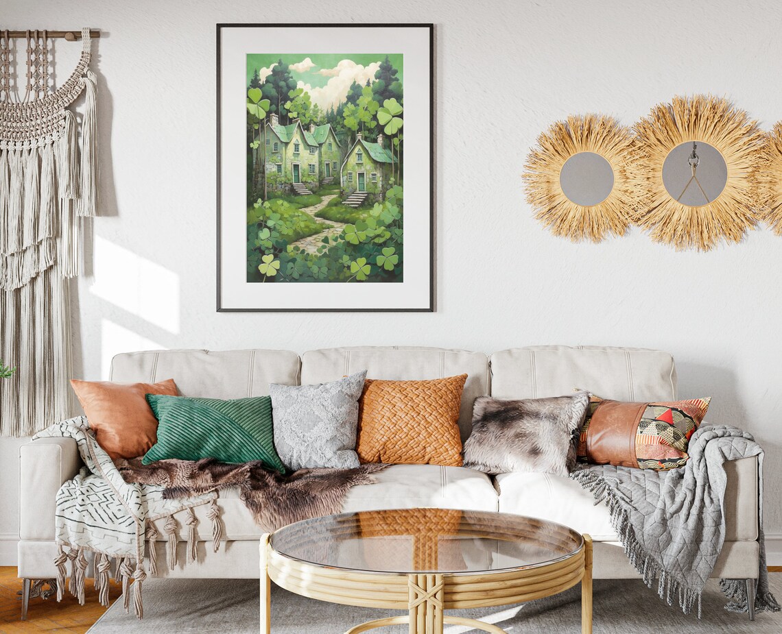 Irish Four Leaf Clover Folk Art Green Stone Cottages Shamrock Valley Poster - Image 2