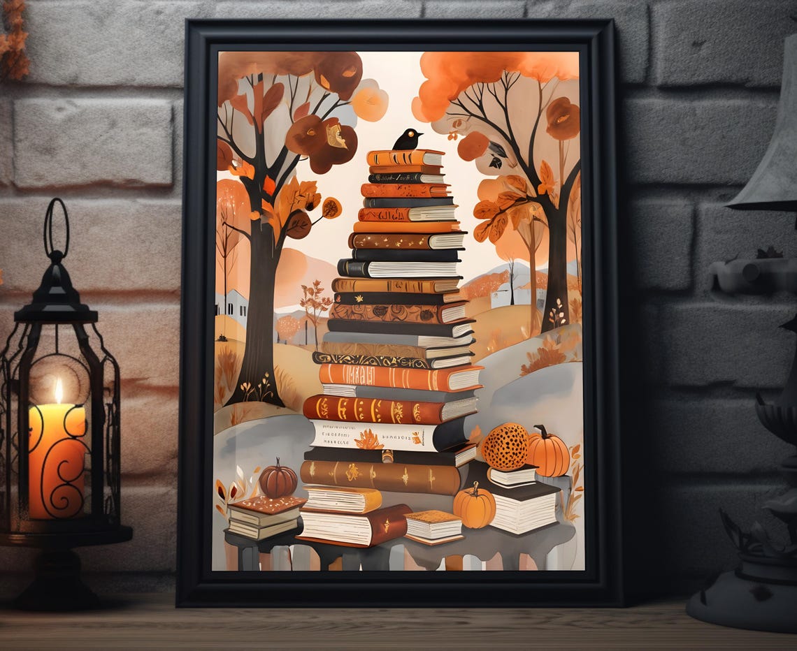 Tall Book Tower Black Bird Autumn Trees Pumpkin Fall Art Poster