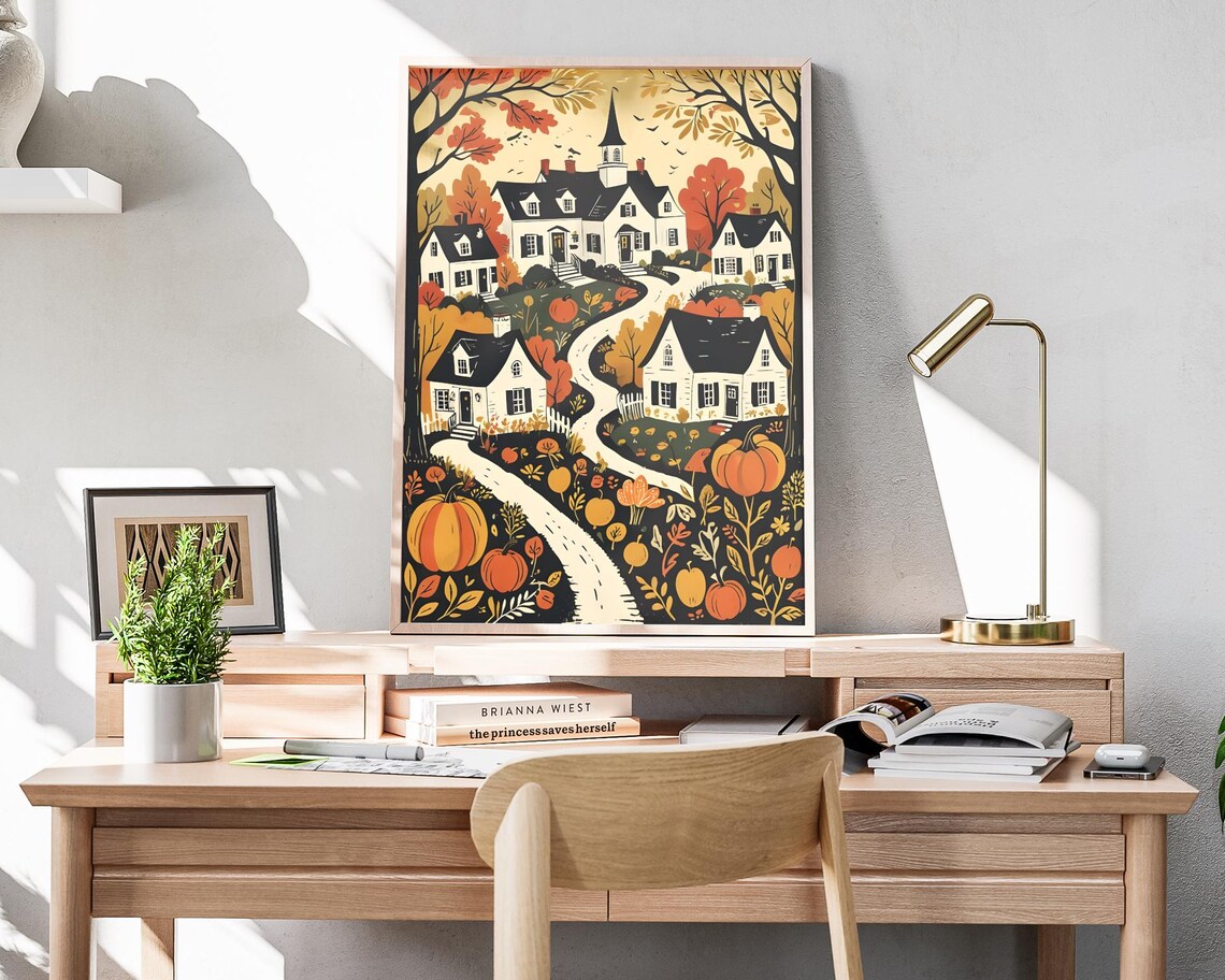 Autumn Town Woodcut Art Print, Fall Pumpkin Scene - Image 4
