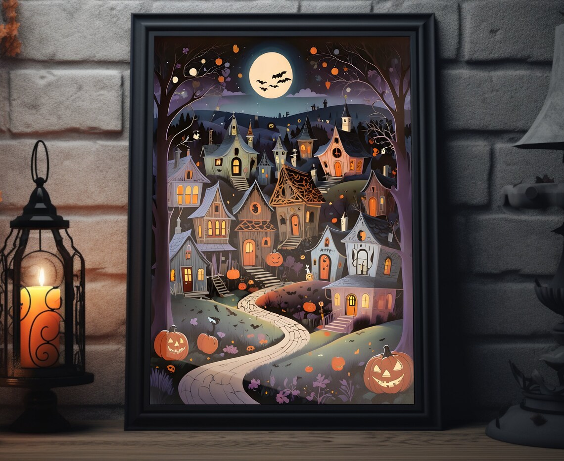 Whimsical Halloween Town With Crooked Houses Moonlight Art Poster