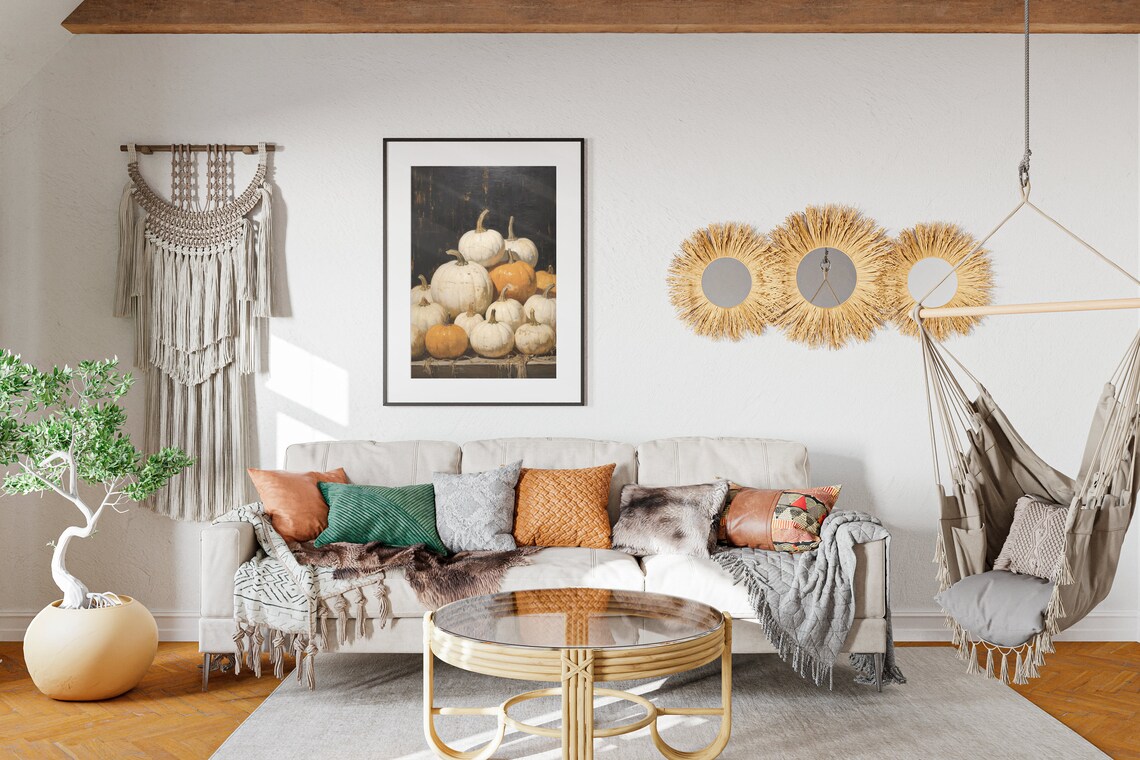 Vintage Pumpkin Still Life White Harvest Farmhouse Art Poster - Image 2