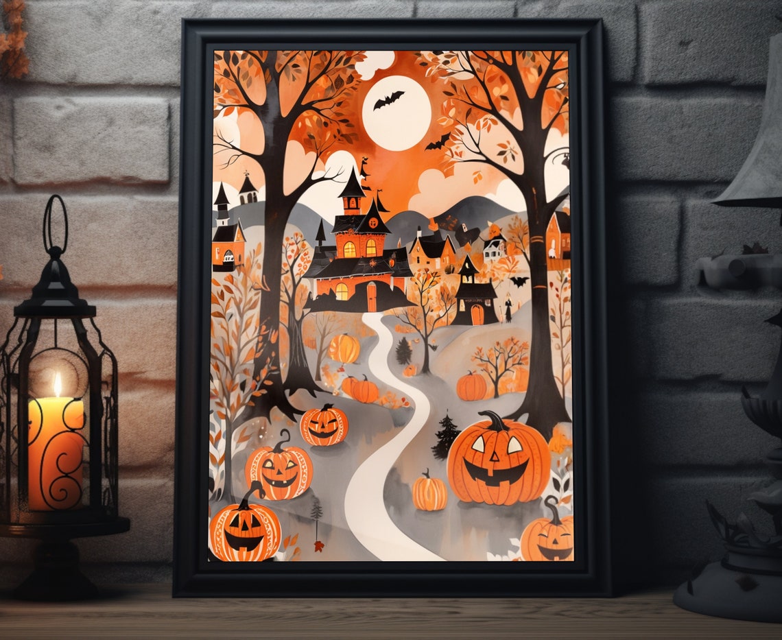 Halloween Pumpkin Path Forest Haunted House Full Moon Poster