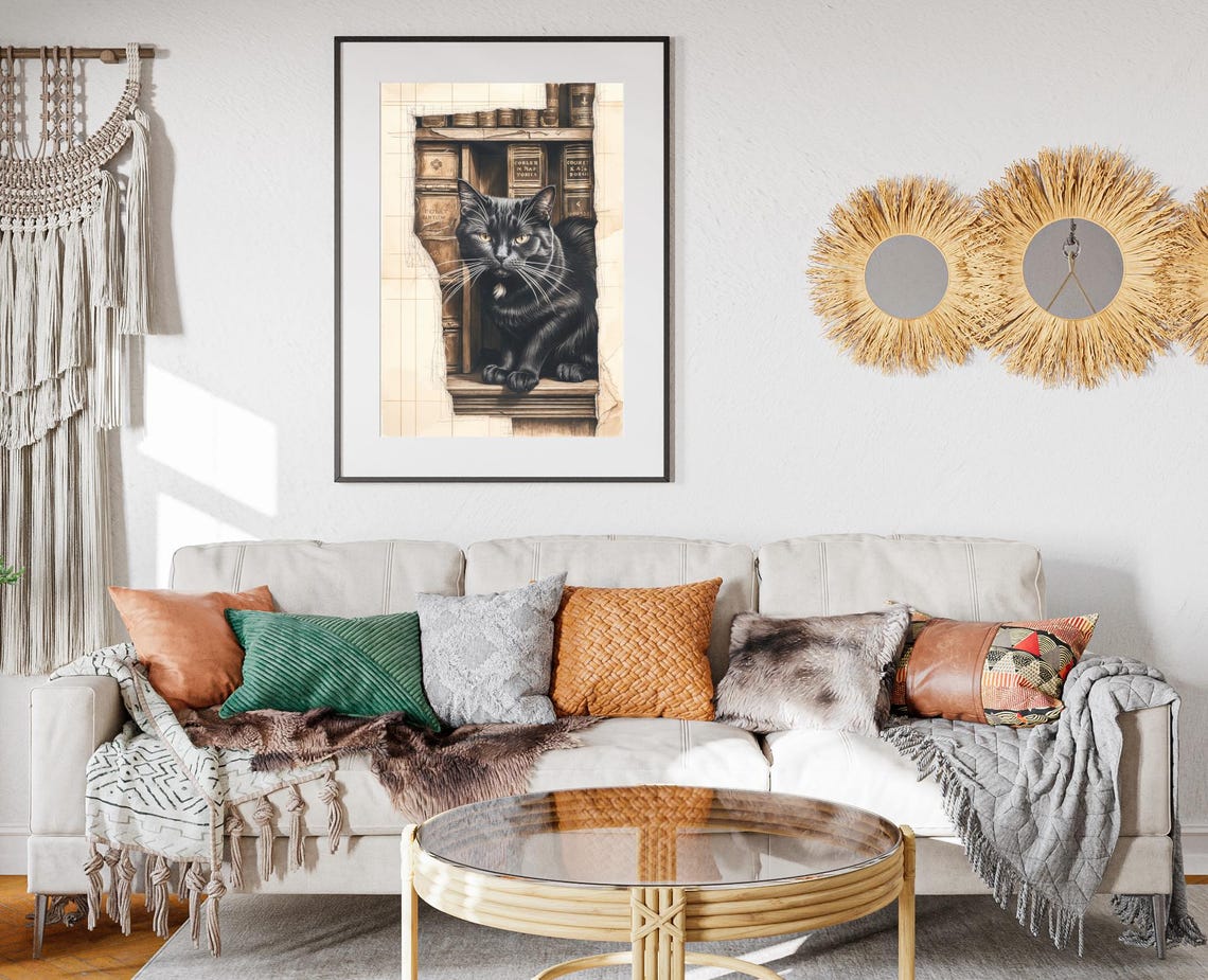 Black Cat Peeking From Vintage Library Nook Sketch Art Poster - Image 2