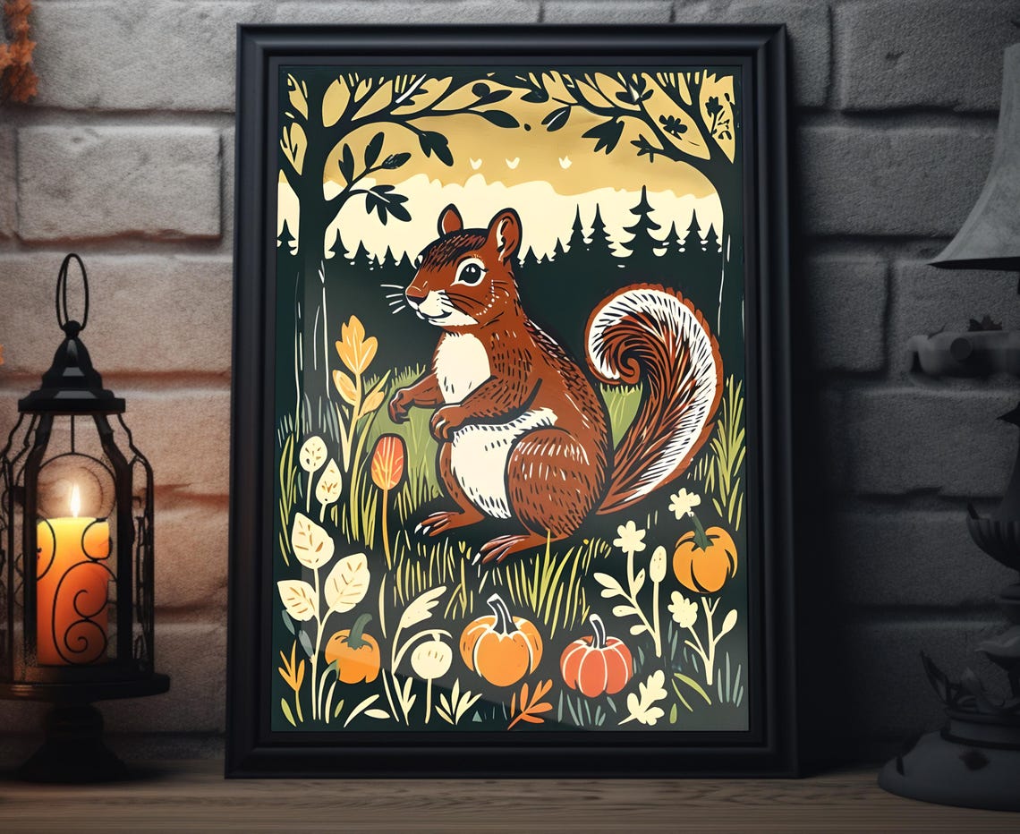 Red Squirrel Autumn Pumpkins Harvest Woodcut Fall Folk Art Poster