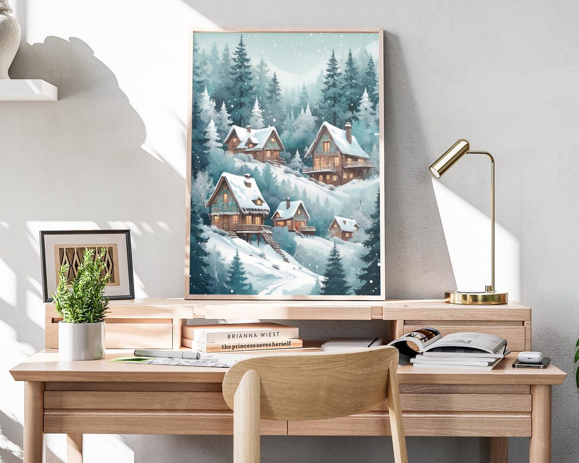 Snowy Mountain Cabins Forest Winter Wonderland Rustic Wall Poster - Image 4