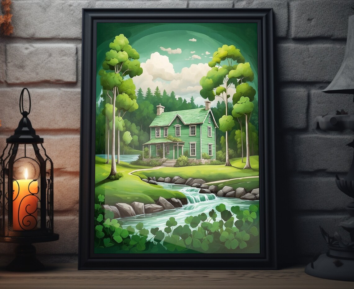Ireland Green Country House Waterfall Stream Shamrock Folk Art Poster