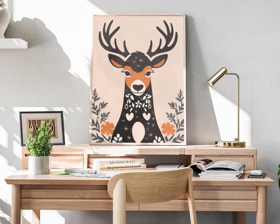 Boho Reindeer Antlers Floral Decorated Body Christmas Holiday Poster - Image 4