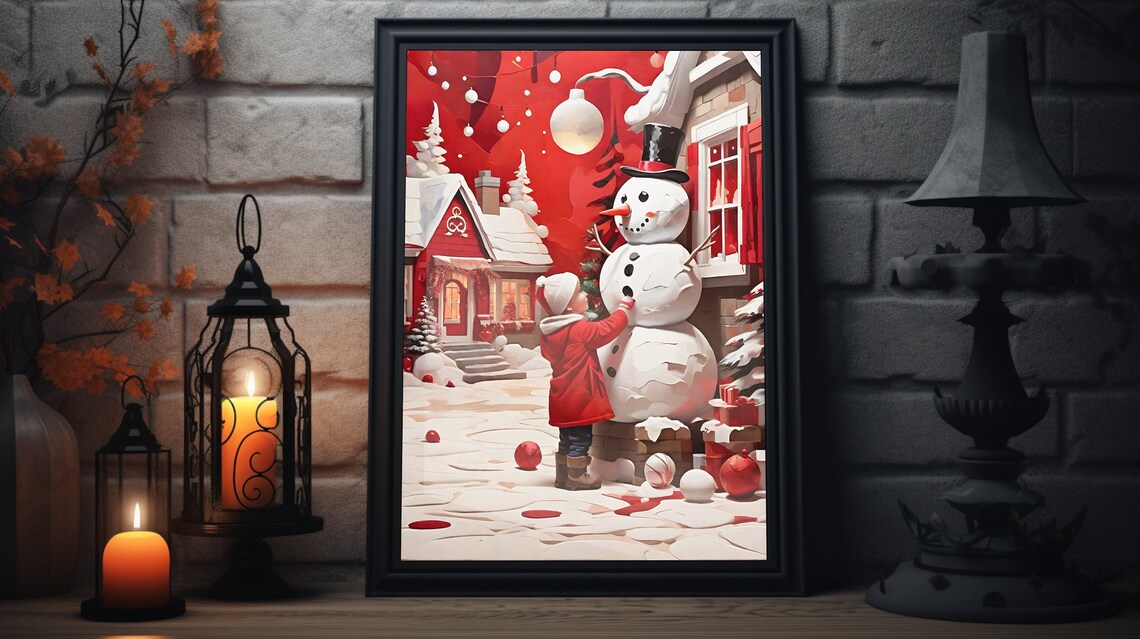 Christmas Snowman Child Building Winter Village Red Sky Poster