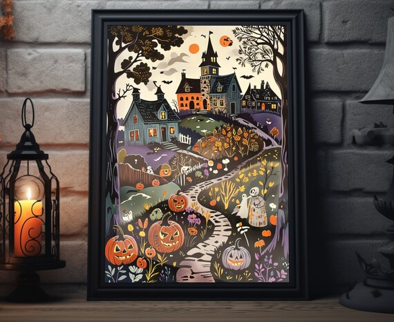 Halloween Village Ghosts Pumpkins Church Steeple Night Art Poster