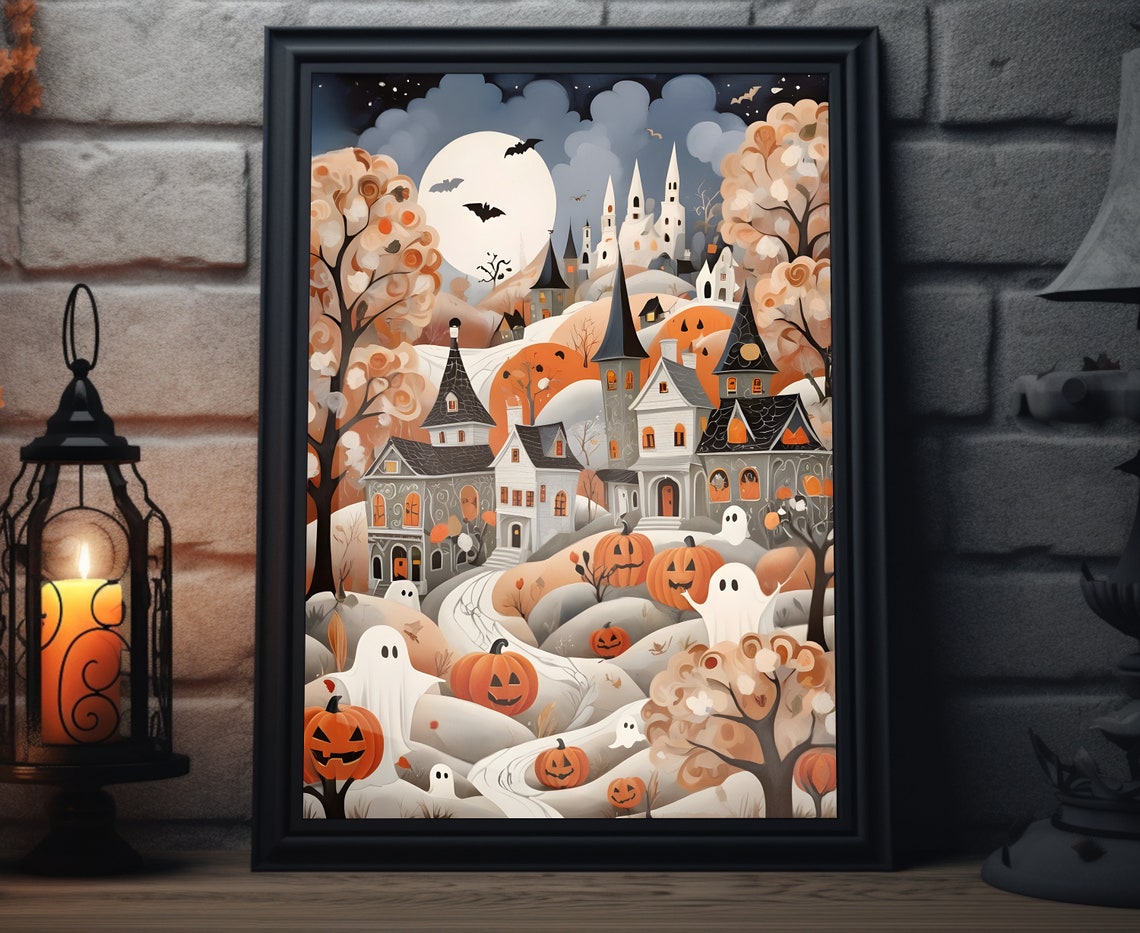 Cute Ghost Town Jack O Lantern Full Moon Vintage Halloween Art Poster