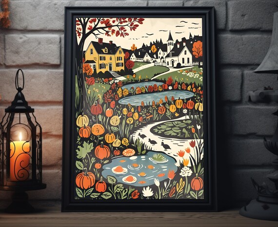 Autumn Village Pond Pumpkins Ducks Harvest Woodcut Art Poster