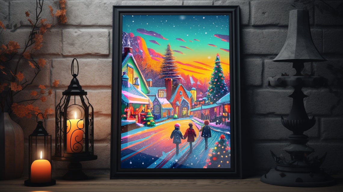 Christmas Town Painting Matte Poster Festive Holiday Decor Christmas Winter Wall Art Classic Holiday Colors Xmas Holiday Art Print