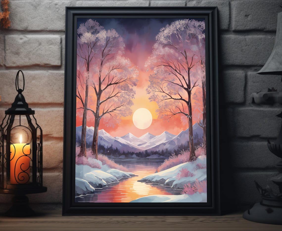 Sunset Winter Landscape Snowy River Frosted Trees Calm Poster