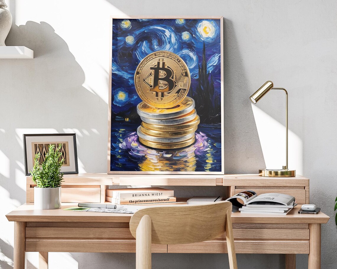 Bitcoin Gold Coins Stack Starry Night Swirl Crypto Wall Art Impressionist Poster - Image 4