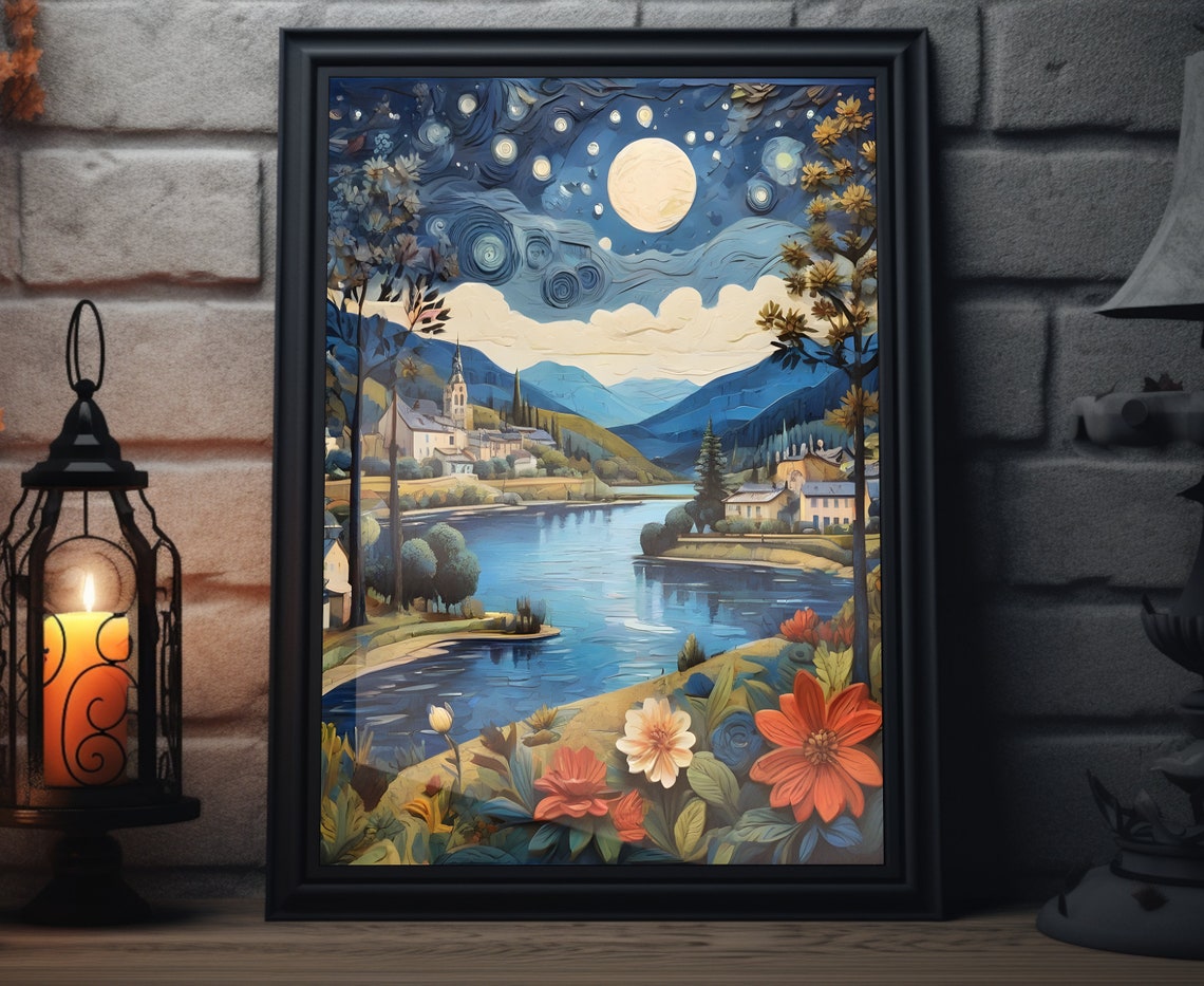 Paris Starry Night Matte Wall Art France Lakeview Artwork Paris France Print European Painting French Art Decor Paris Folk Art Poster