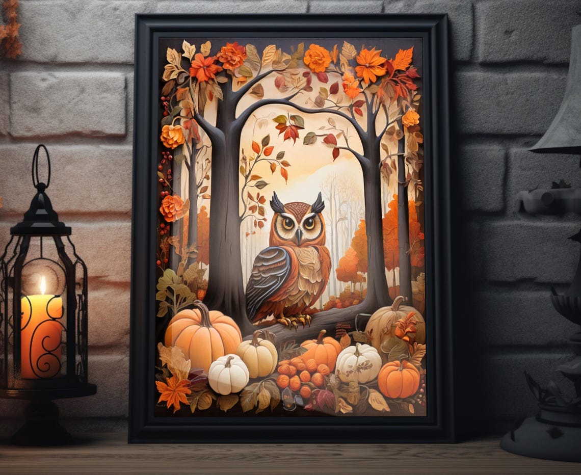 Great Horned Owl In Autumn Forest Pumpkins Fall Foliage Art Poster